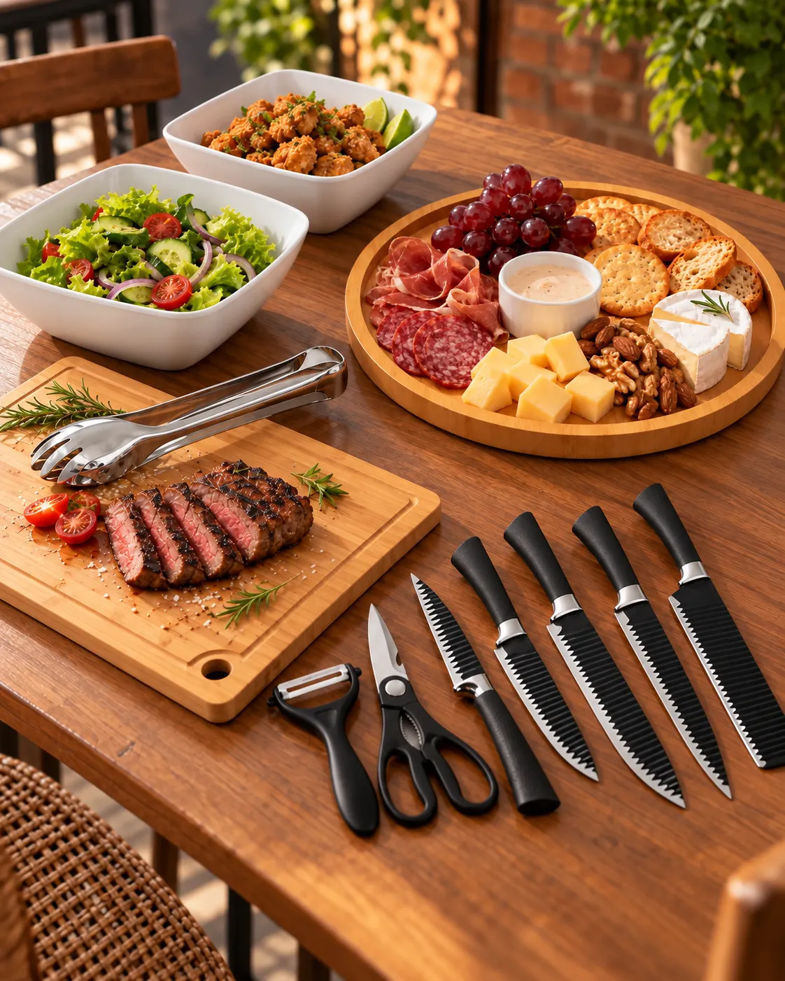 Kit Churrasco 11 Peças com Facas, Tábua, Pegador, Travessa e Tigelas