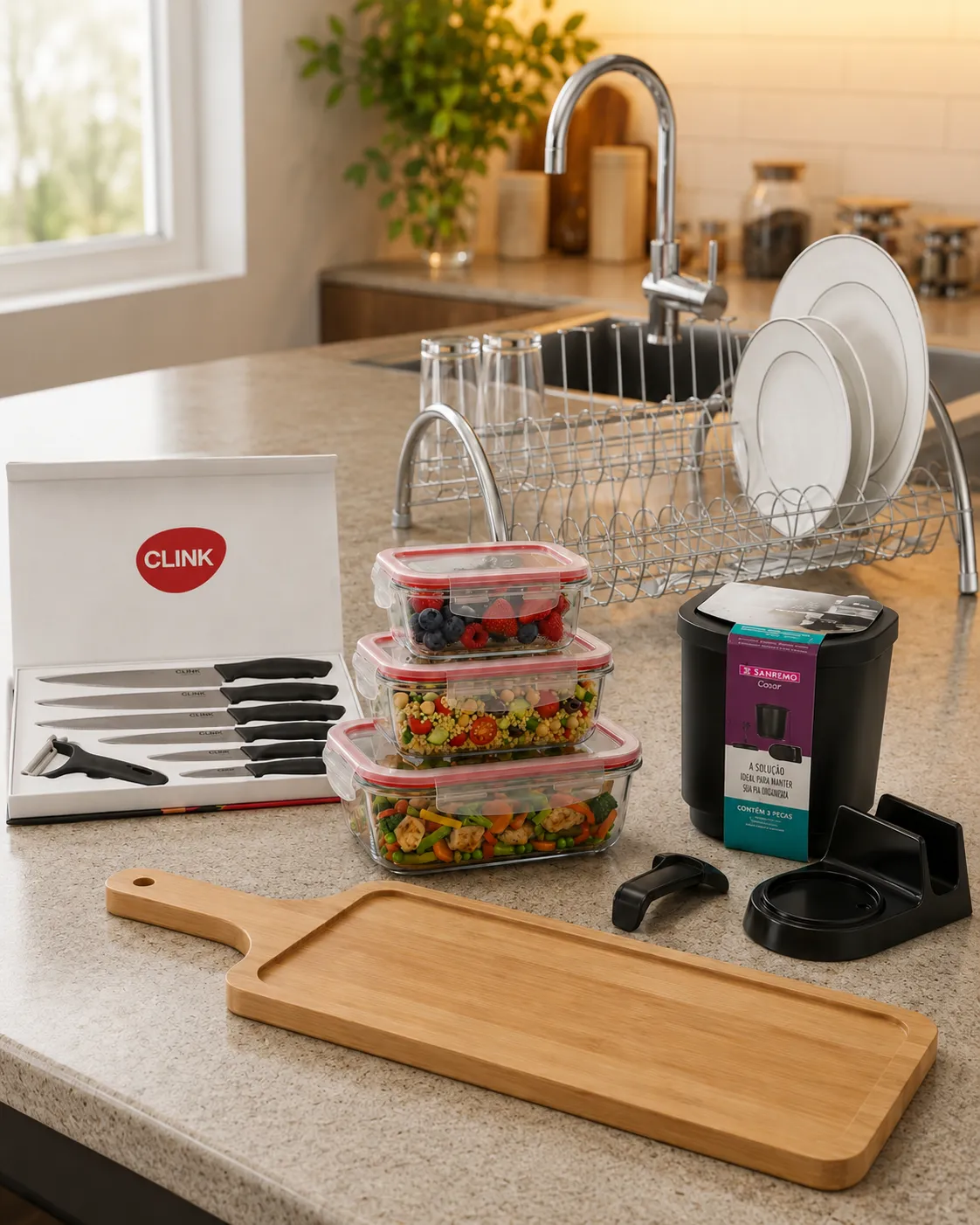 Kit Cozinha Essencial - 14 Peças para Cortar, Escorrer e Guardar